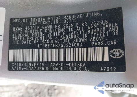 2016 Toyota Camry Se from USA, damaged, VIN 4T1BF1FK7GU224063